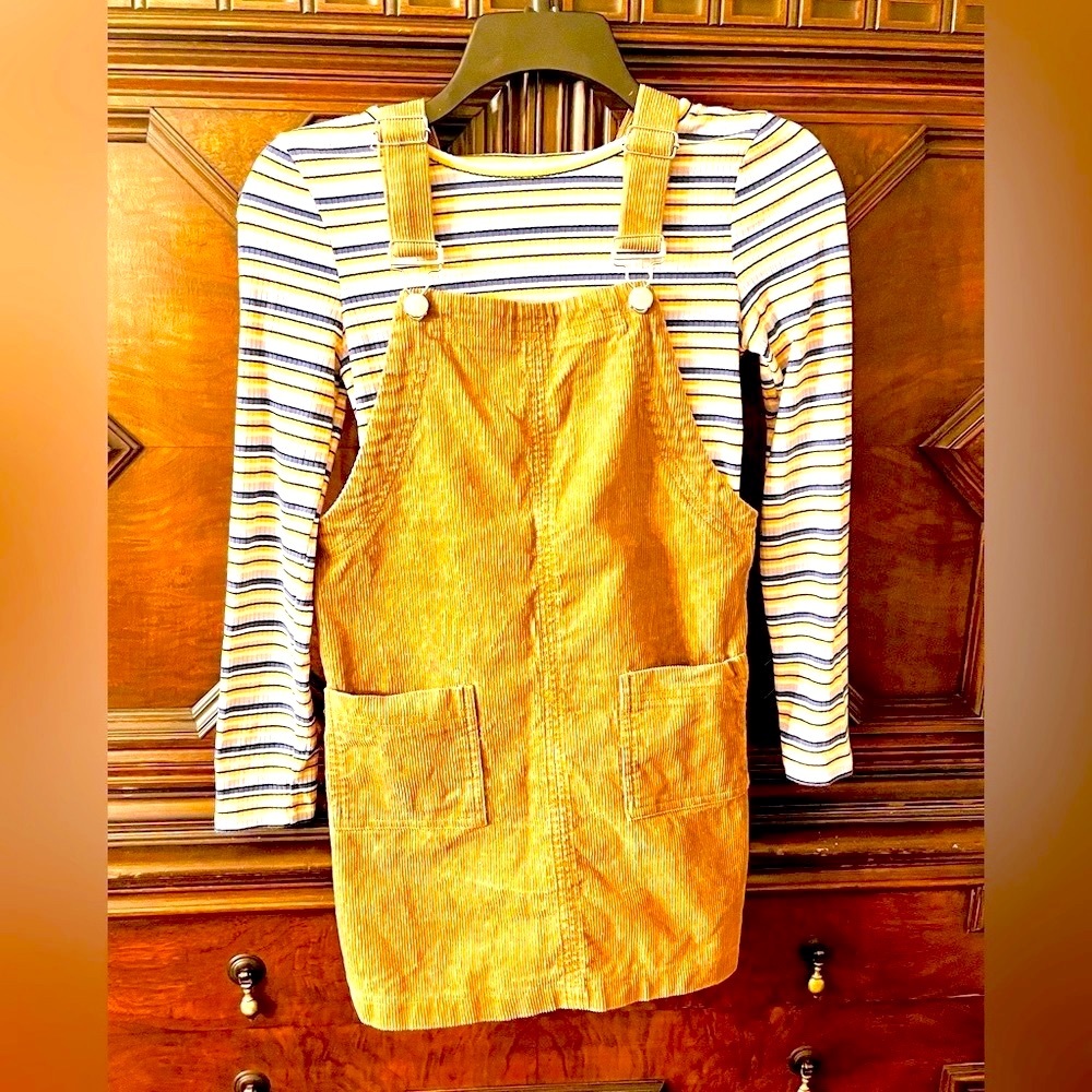 Joey B Tan corduroy jumper and knit striped shirt set. Girls size L.  Excellent